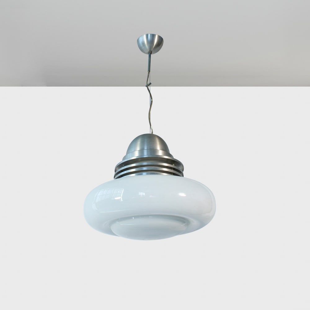 Italian manufacture 1970s 84x42 cm: Space Age style pendant lamp in steel and opal glass.