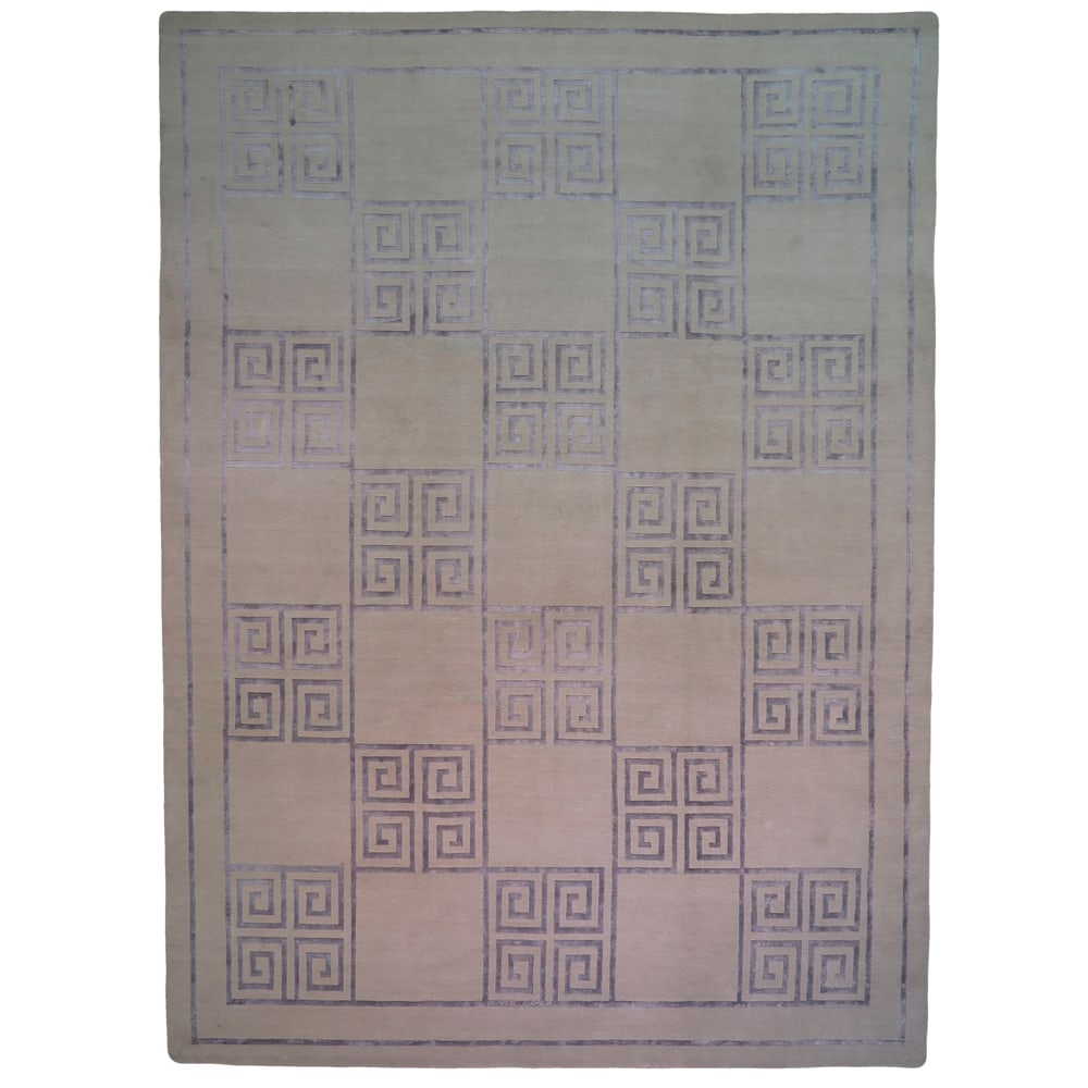 Nepalese rug 20th century 373x274 cm: hand-knotted in fine wool and silk, Greek key design on a grey ground, minor wear.
