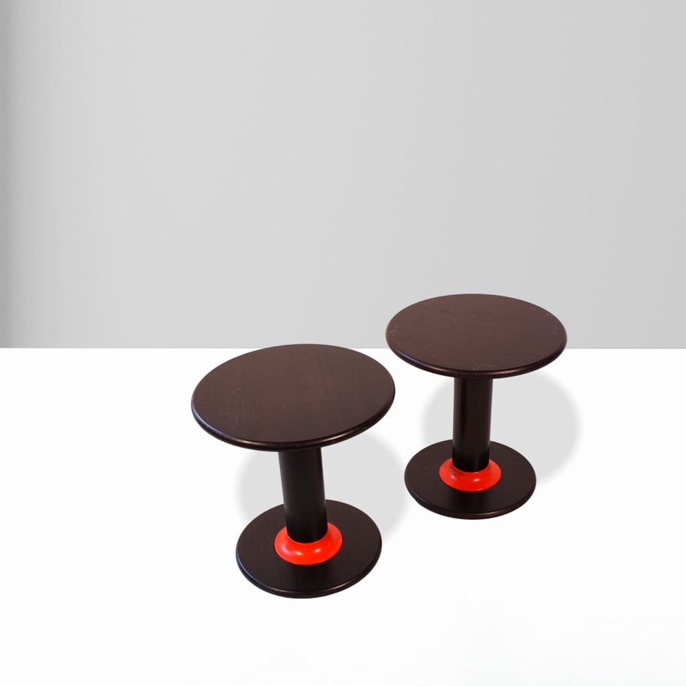 Ettore Sottsass prod. Poltronova Italy, 1960s 46x44 cm: Pair of side tables mod. Rocchetto, minor wear.Bibliography:Domus, no. 433, December 1965; Ettore Sottsass, *Sottsass*, edited by Philippe Thom?, Electa-Phaidon, Milan, 2014, p. 229; Francesca Zanella