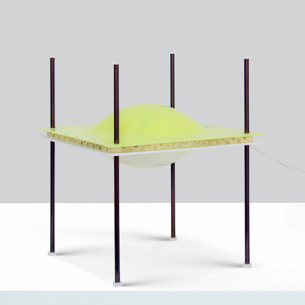 Ettore Sottsass prod. Arredoluce Italy, 1950s 35x28 cm: Table lamp mod. Palafitta 12639, black painted metal with plexiglass diffuser.Bibliography:Anty Pansera, Alessandro Padoan & Alessandro Palmaghini, *Arredoluce, Catalogo Ragionato, 1943?1987*, Silvana