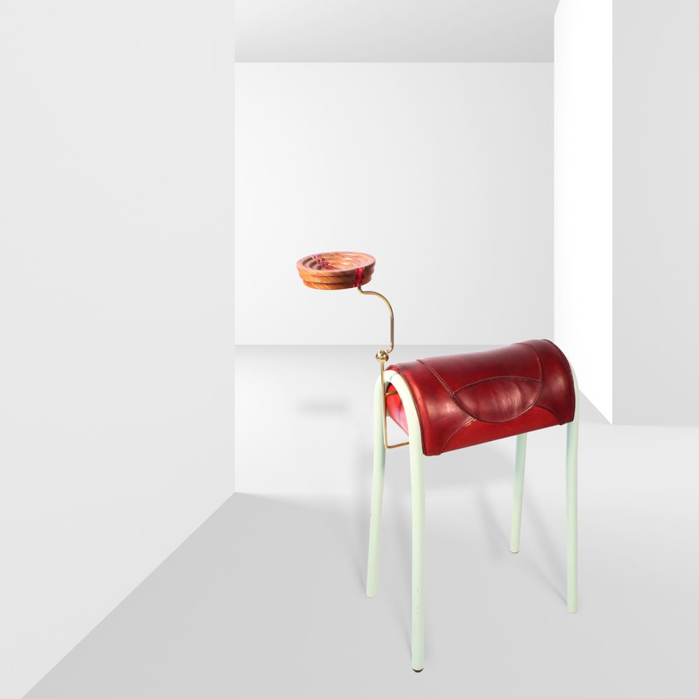 Ettore Sottsass prod. Bedding Brevetti Italy, 1974 105x49x35 cm: Stool mod. Horsetto, painted tubular metal structure with red leather seat, brass footrest and wooden cup holder, bearing the manufacturer?s mark, label and certificate.