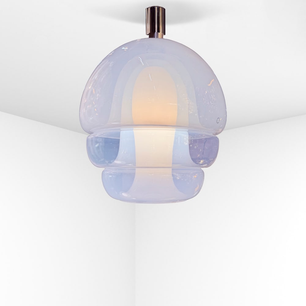 Carlo Nason prod. A.V. Mazzega Italy, 1960s 50x130 cm.: pendant light mod. LS134, opalescent Murano glass with metal structure.