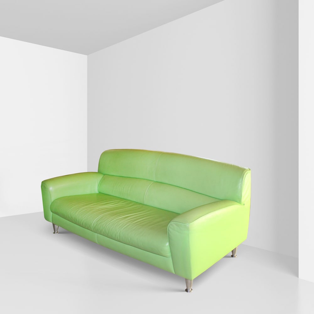 Poltrona Frau Italy, 2000s 85x160x90 cm.: two-seater sofa mod. Madison, padded structure covered in green leather, steel feet