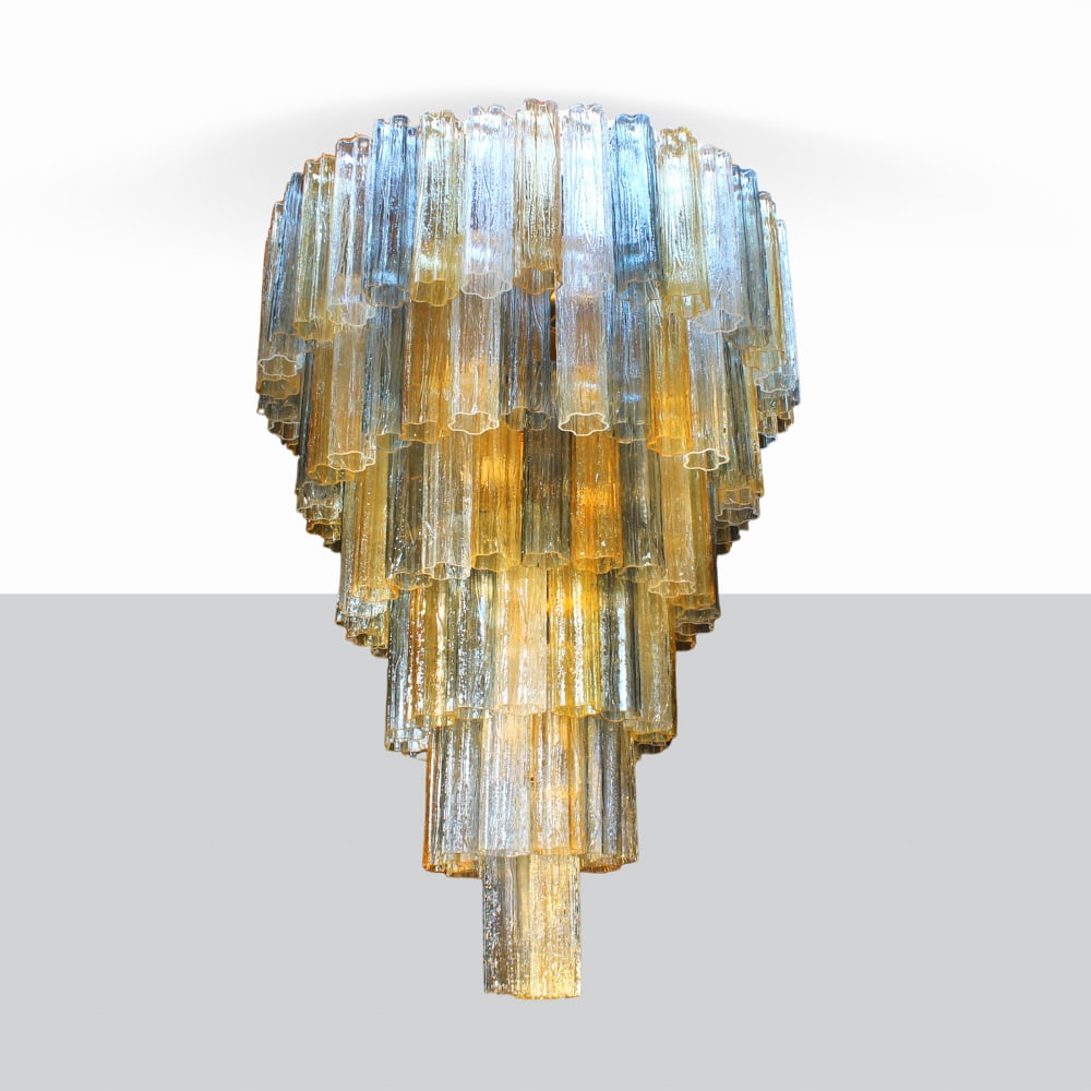 Murano manufacture 1970s 130x85 cm: pendant light mod. Bucali, clear, yellow and grey glass.