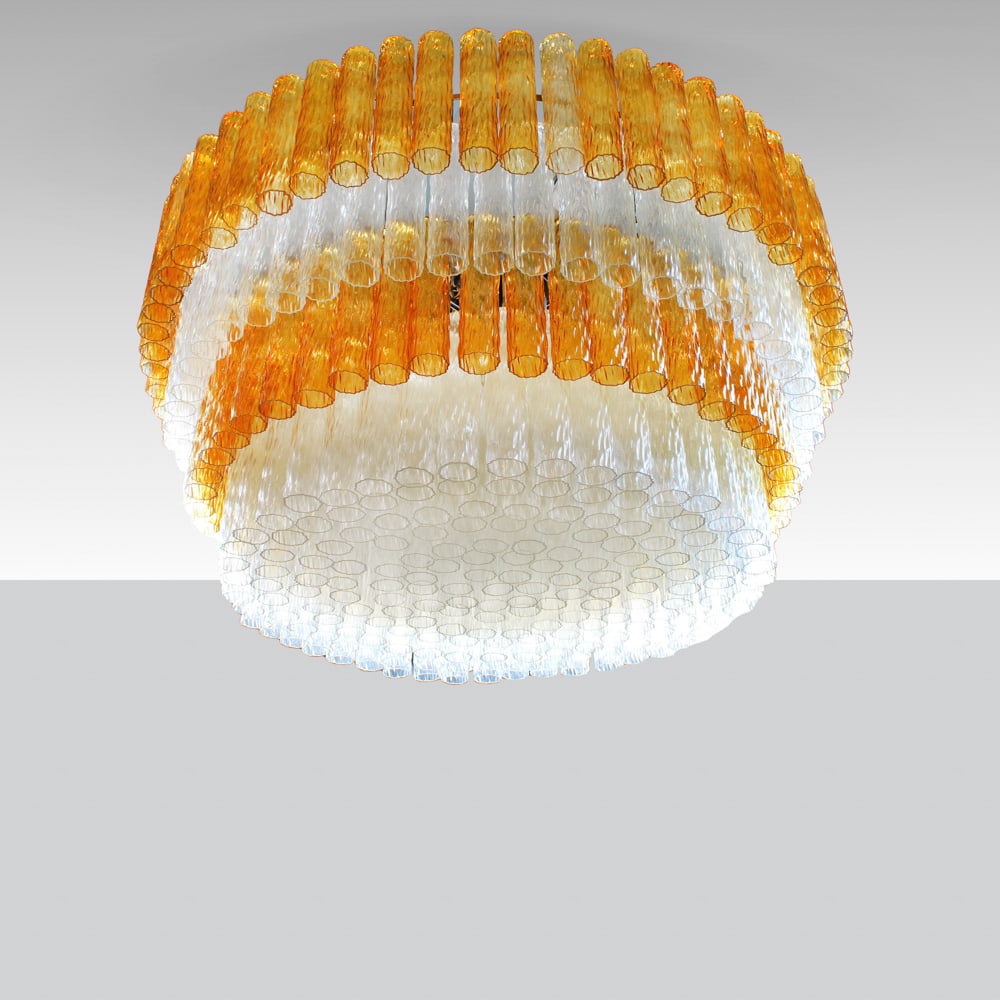 Murano manufacture 1970s 90x150 cm: large pendant light mod. Bucali, coloured, satin-finished and clear glass with gilt metal structure.