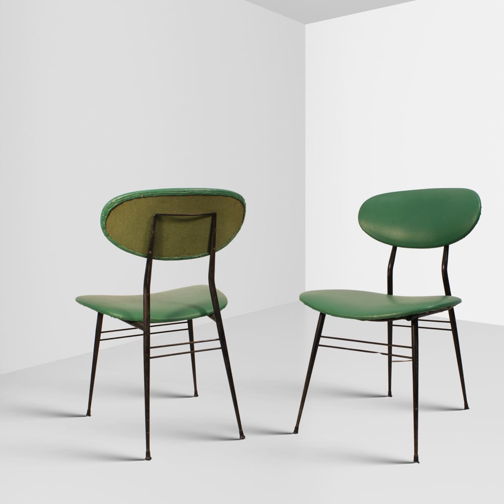 Gastone Rinaldi prod. Rima, attributed Italy, 1950s 77x52x50 cm: Pair of metal and eco-leather chairs, slight defects.