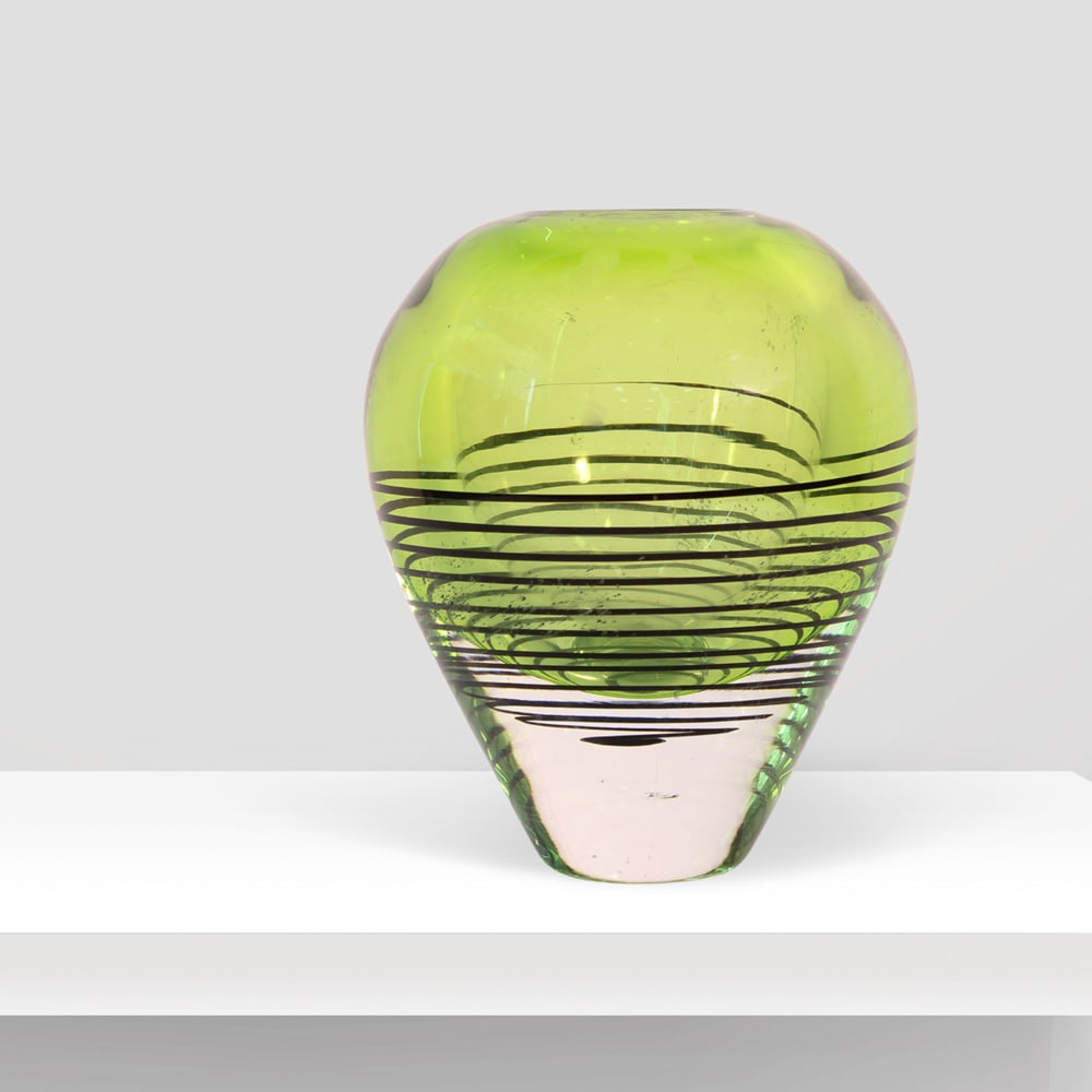 Italian manufacture 20th century h. 20 cm.: submerged glass vase in shades of green.