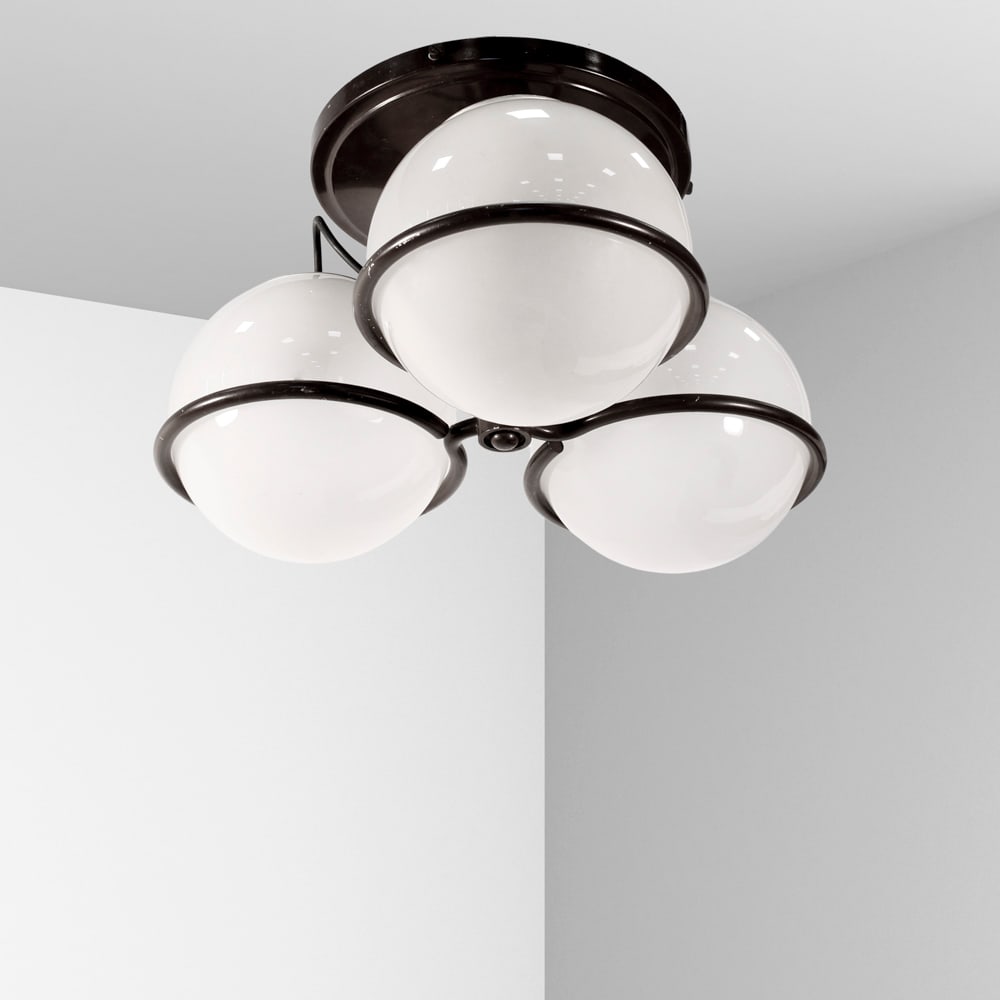 Gino Sarfatti prod. Arteluce Italy, 1960s h. 40 cm: three-globe pendant light in glass and metal, mod. 2042/3, minor wear.