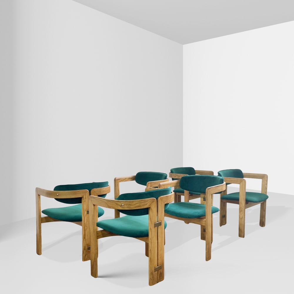 Augusto Savini prod. Pozzi Italy, 1970s 68x59x51 cm.: set of six chairs mod. Pamplona, wood and fabric.Bibliography:Domus, June 1968, advertising page; February 1970, advertising page no. 46.