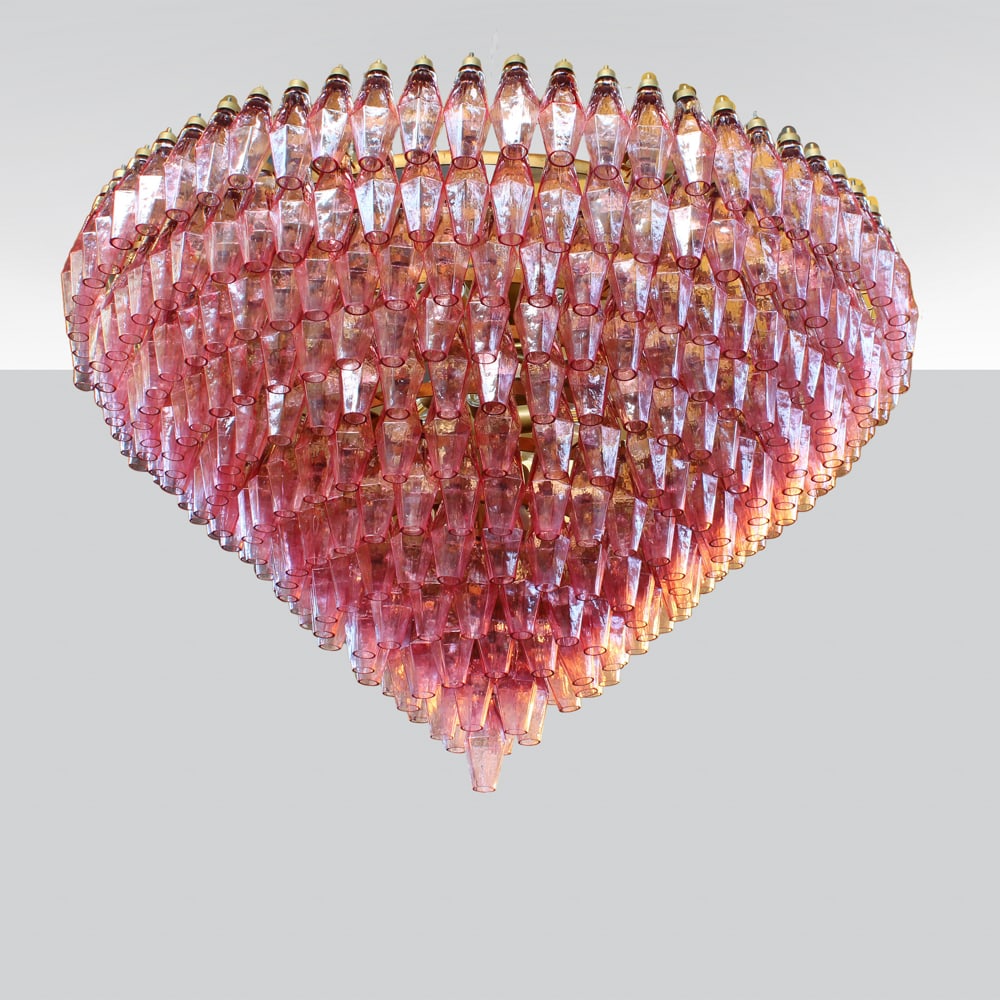 Murano manufacture 1960s 90x120 cm: pendant light mod. Poliedri, pink glass with gilt metal structure.