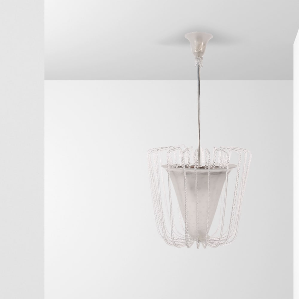 Italian manufacture 20th century 97x47 cm: pendant lamp in transparent glass and lattimo glass.
