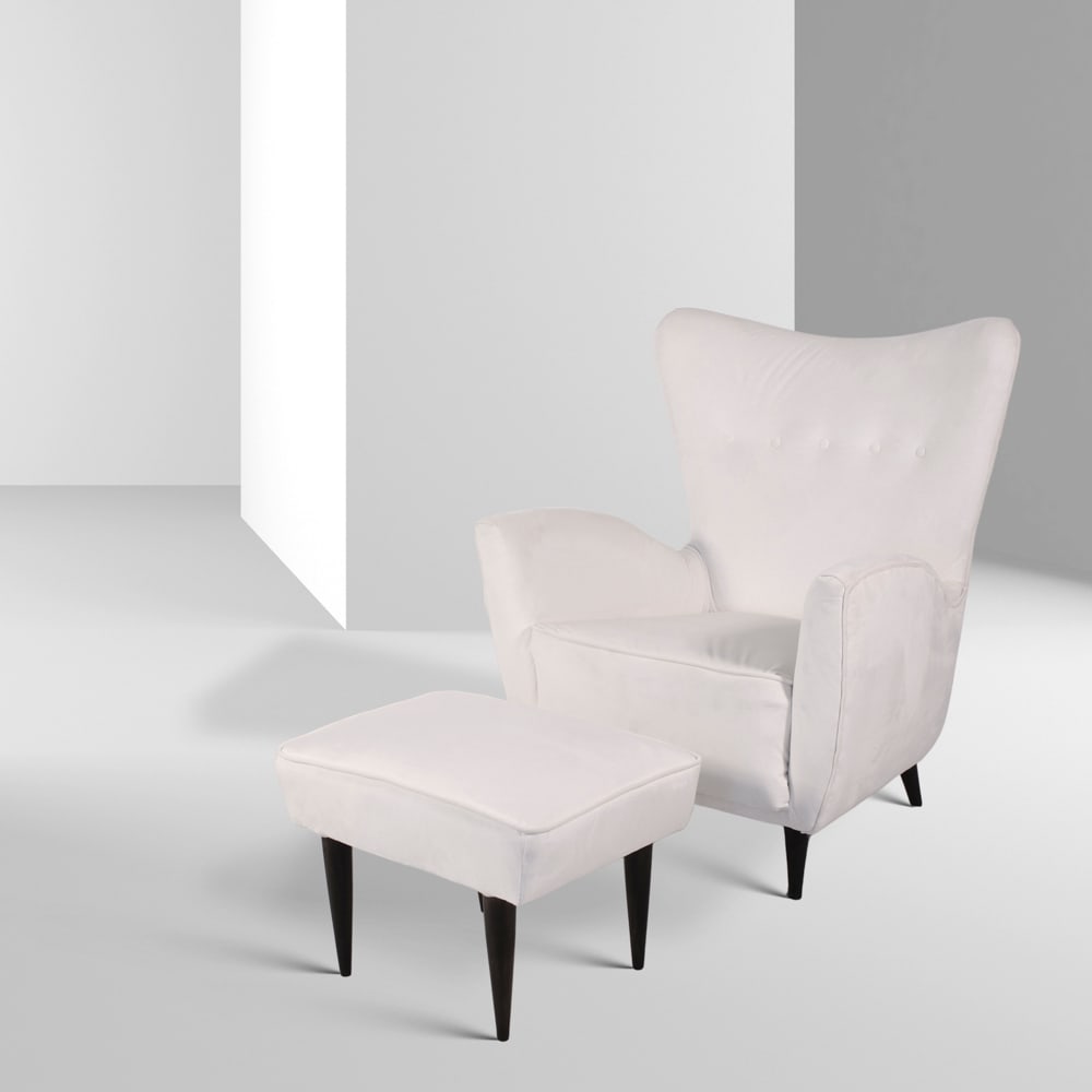 Melchiorre Bega Italy, 1950s armchair: 86x72x63 cm, footstool: 35x52x38 cm: armchair with ottoman, wood structure with fabric upholstery, accompanied by an archival photograph.