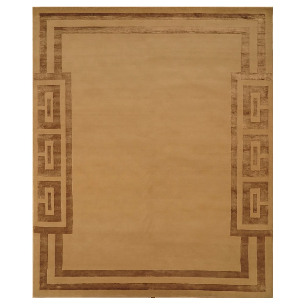 Indonepal rug 20th century 300x250 cm: hand-knotted rug in wool and bamboo silk with Greek key design on a cognac ground, minor wear.