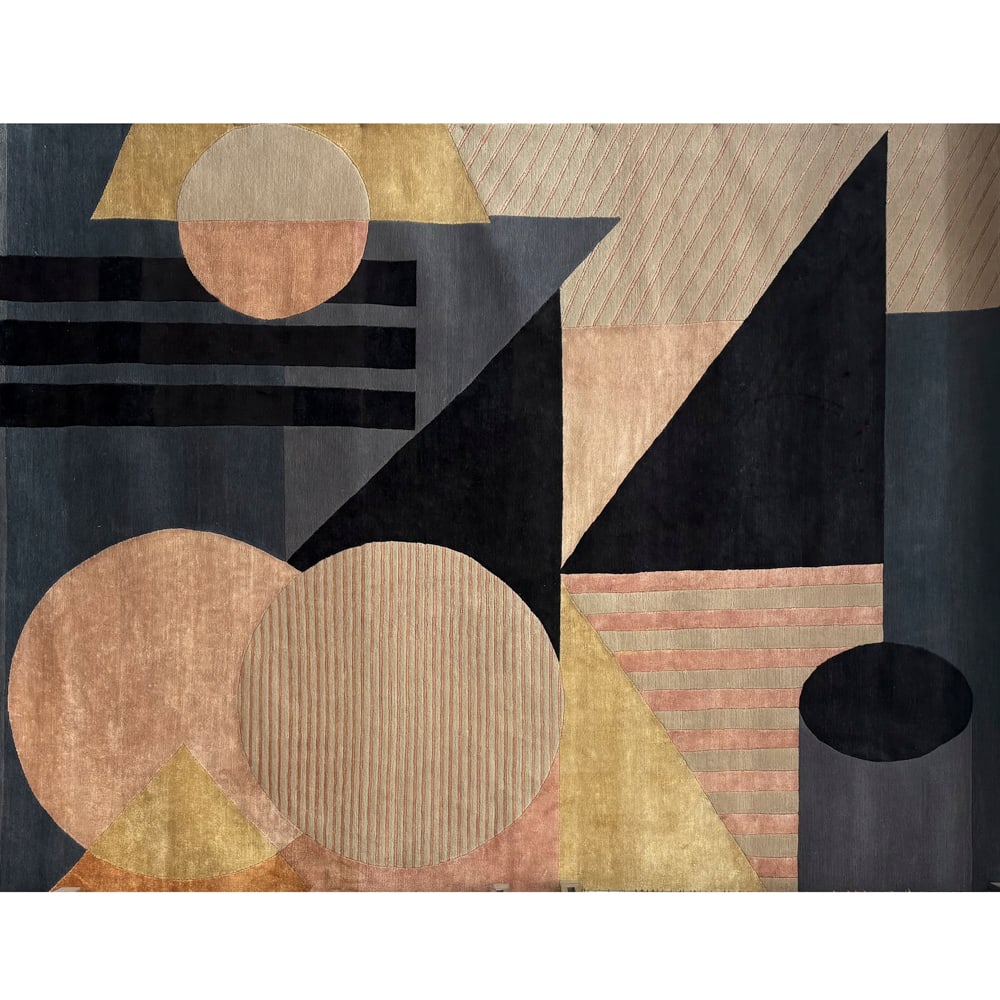 Indonepal rug 20th century 313x250 cm: hand-knotted rug in wool and bamboo silk with multicolour geometric design.