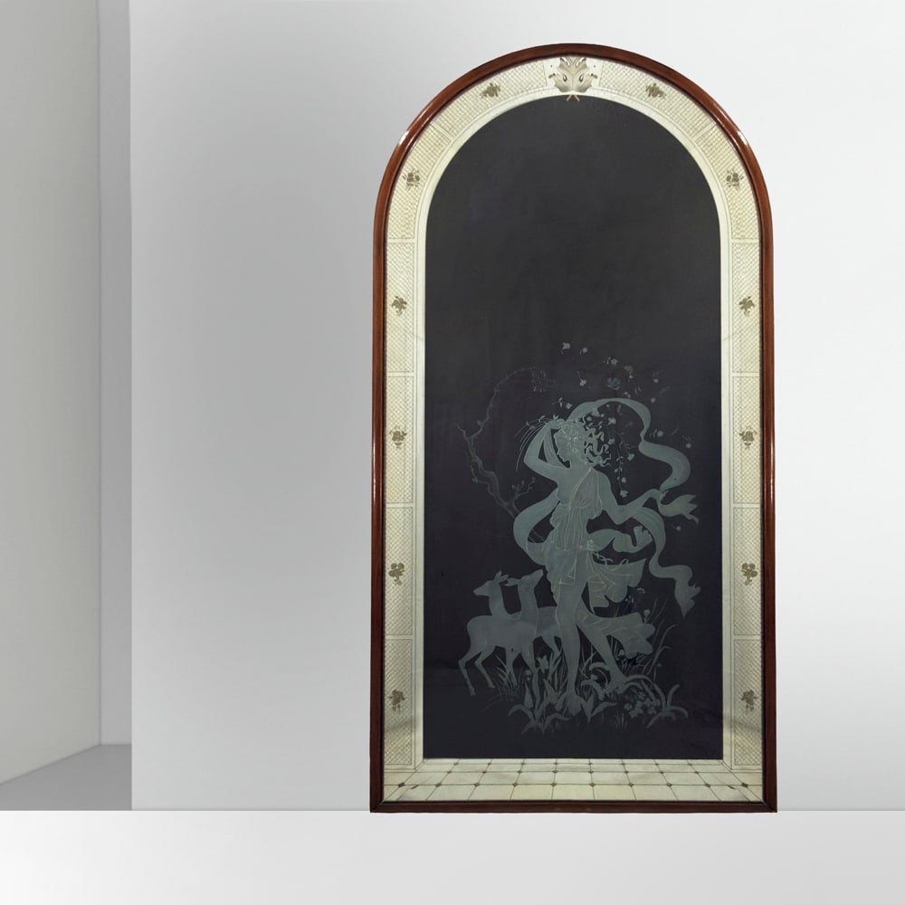 Silvio Vaghi prod. VGS Vetreria Galimberti Seveso Italy, 1959 244.5x122x6.5 cm: large wall mirror with wooden frame and acid-etched mirrored glass, production labels.