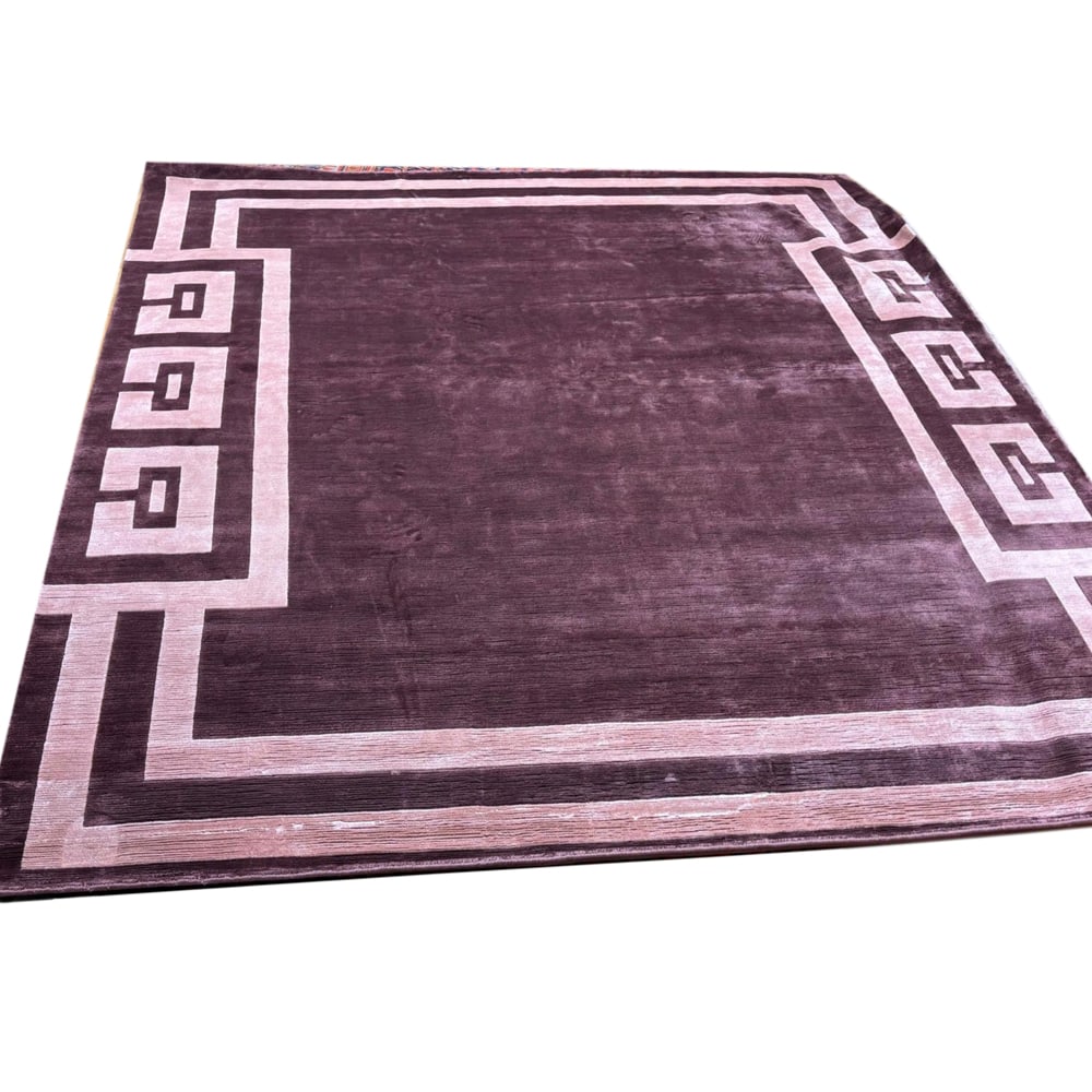 Indonepal rug 20th century 281x256 cm: hand-knotted rug in wool and bamboo silk with Greek key design on a burgundy ground.