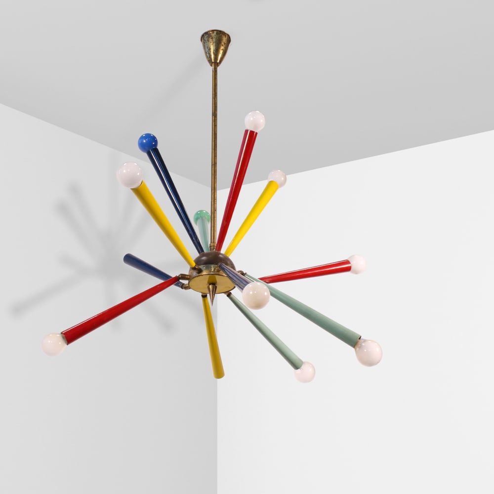 Arredoluce, attributed Italy, 1950s 66x76 cm: pendant lamp mod. Sputnik, steel structure and colored enamel arms.
