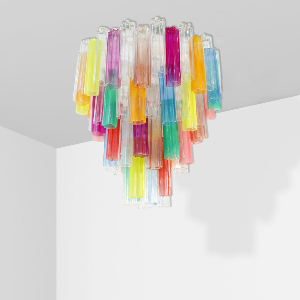 Murano manufacture 20th century 90x84 cm: Large cascading chandelier in Murano glass, composed of multicoloured glass paste elements.