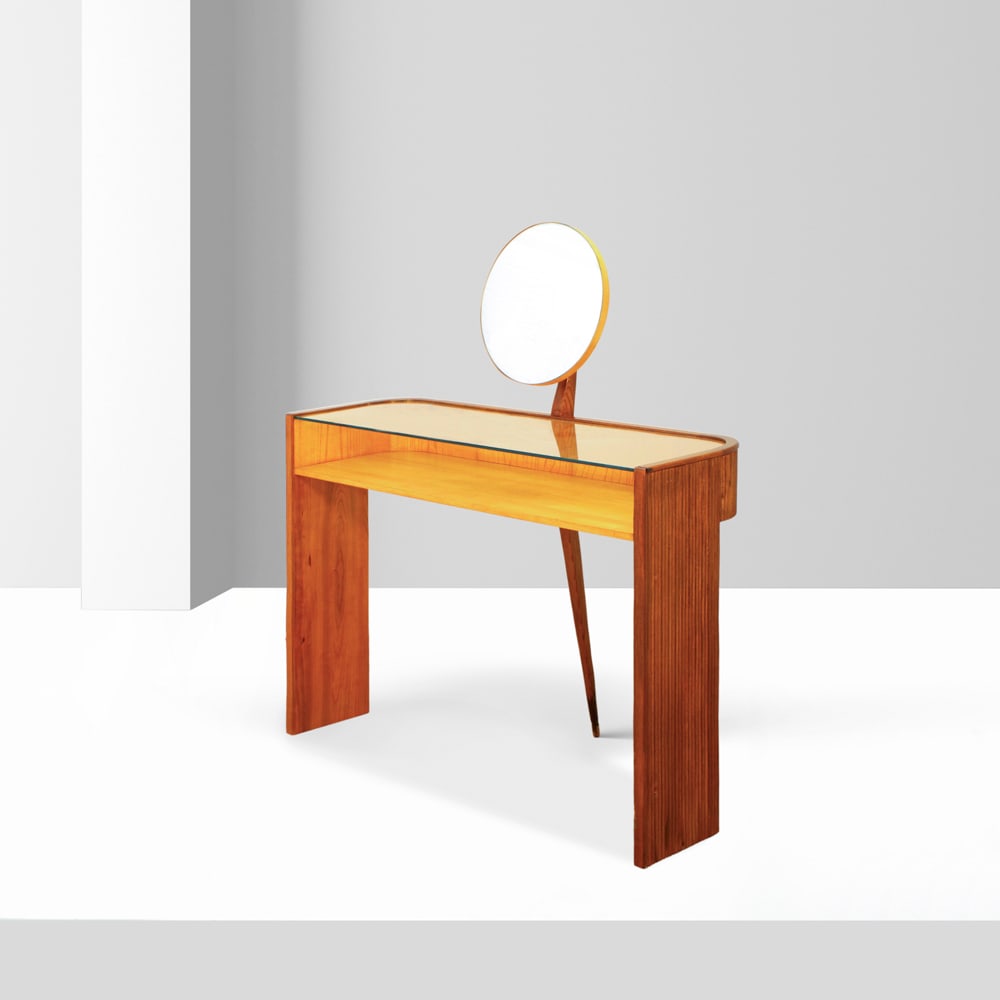 Paolo Buffa, in the style of Italy, 1970s 140x125x55 cm: dressing table in wood, glass and with brass inserts.