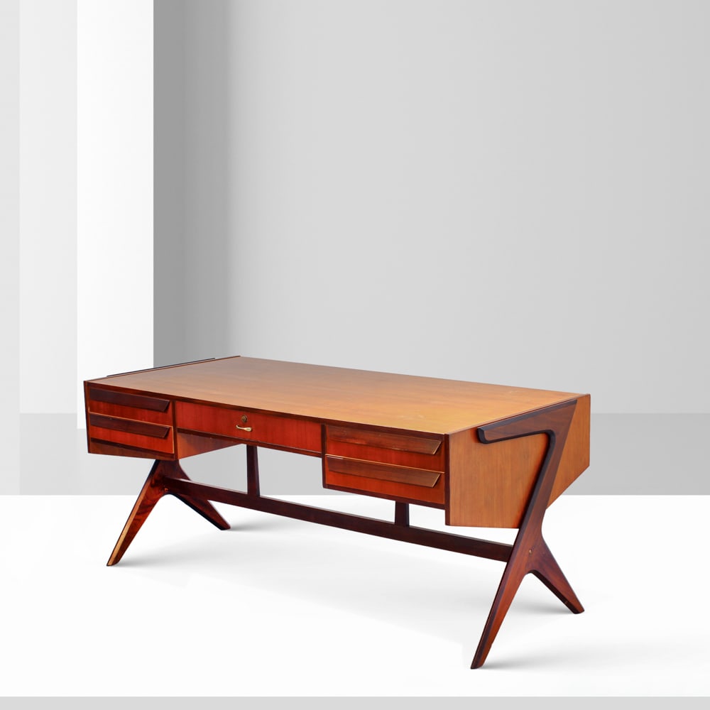 Vittorio Dassi Italy, 1960s 77x180x85 cm: wooden desk, front with five drawers.