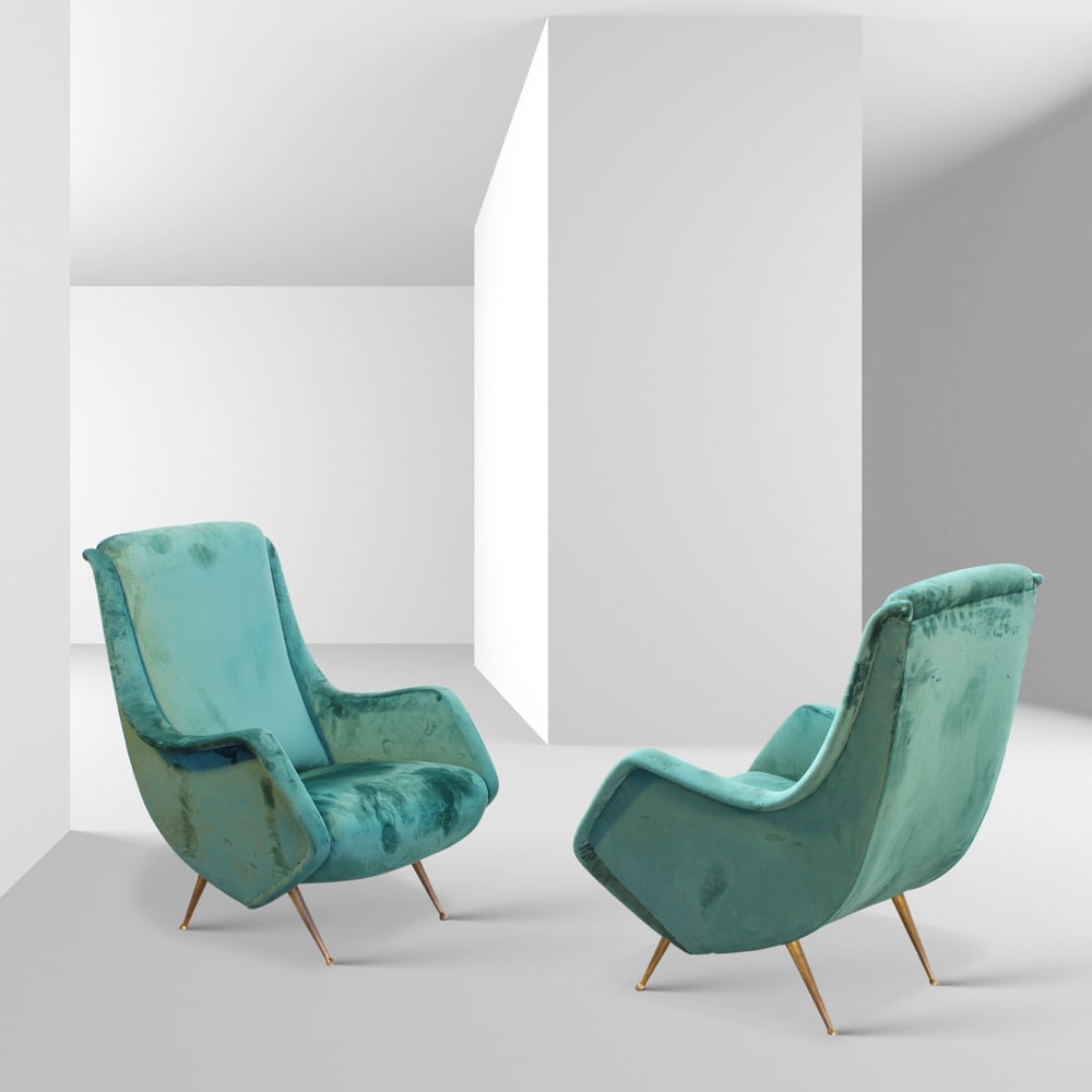 Aldo Morbelli prod. ISA Bergamo Italy, 1950s 95x70x65 cm: Pair of armchairs in brass and green velvet.