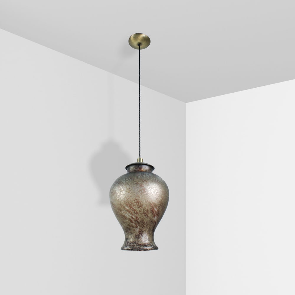 VeArt, attributed Murano, 1970s h. 43 cm: pendant lamp in brown blown glass and brass details, with production label, slight defect.