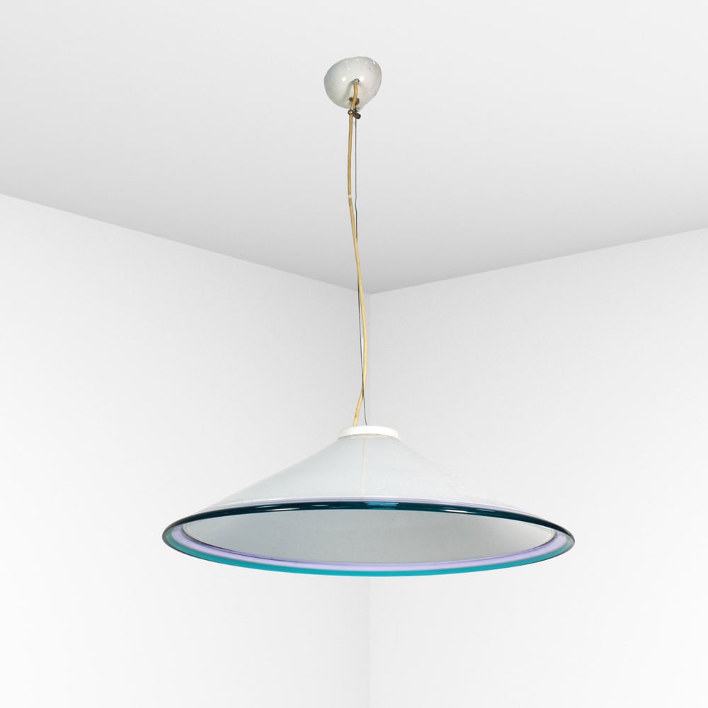 Archimede Seguso, attributed Murano, 20th century 80x60 cm: lattimo glass chandelier with amethyst and turquoise edge, with production label.