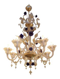 Beautiful Venetian Murano Glass Chandelier by Andromeda: Incredible 8-Light Venetian Chandelier by the most innovative Glass Master in Murano, Andromeda International. This museum quality piece has beautiful blue flowers with 24K gold dust infusion, as well