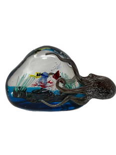 Murano Glass Aquarium with Octopus: Made by one of Murano&#8217;s top glass masters, this beautiful Aquarium, wrapped with an octopus is a wonderful piece to have an any room. Measures 12 inches wide. Signed. A beautiful and substantial