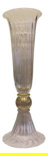 Vintage Blown Glass Gold Trim Vase: Estate-sized beautiful blown vintage glass vase with 24K gold trim. Signed. Perfect finishing piece for any home! Appears to be authentic Murano Glass but the signature is not legible. Stands 26" tall