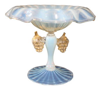 1950s Ercole Barovier Candy Dish: This is an incredible vintage piece of Murano Glass by noted Glass Master Ercole Barovier. Beautiful opaline coloring and gold infused grape clusters. A very desirable and rare piece!