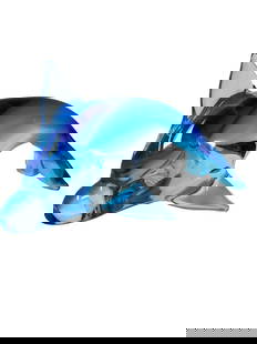 Murano Glass Aqua Blue Dolphin: Gorgeous aqua blue Murano Glass Dolphin hand made by Glass Master Robert Beltrami. Stamped by his furnaces, Wave Murano Glass. Measures 7.5" long. Other sizes available on separate listings! (K)