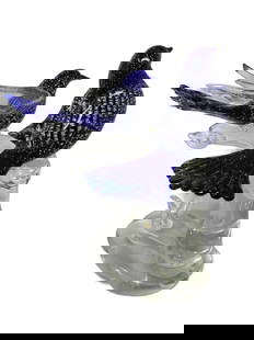 Vintage Murano Glass Birds by Formia: Lovely pair of birds on a branch, created at the Furnaces of Formia in Murano, Italy. The birds have beautiful deep blue coloring with silver infusion. A wonderful piece of glass, perfect for your dec