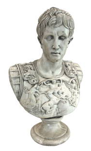 Bust of Caesar: This lovely bust of Caesar that appears to be made of plaster and is in excellent condition. Life-size, measuring 24" tall x 17" across. This is a high-quality statement piece for any home.