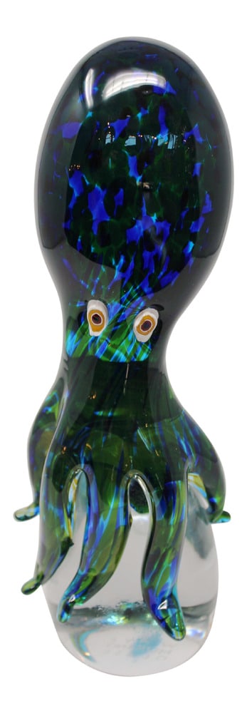 Murano Glass Octopus Sculpture by Roberto Beltrami: Wave Murano Glass features the custom works of Glass Master Roberto Beltrami. This octopus displays brilliant coloring and details. Marked with the Wave trademark. 11" tall!