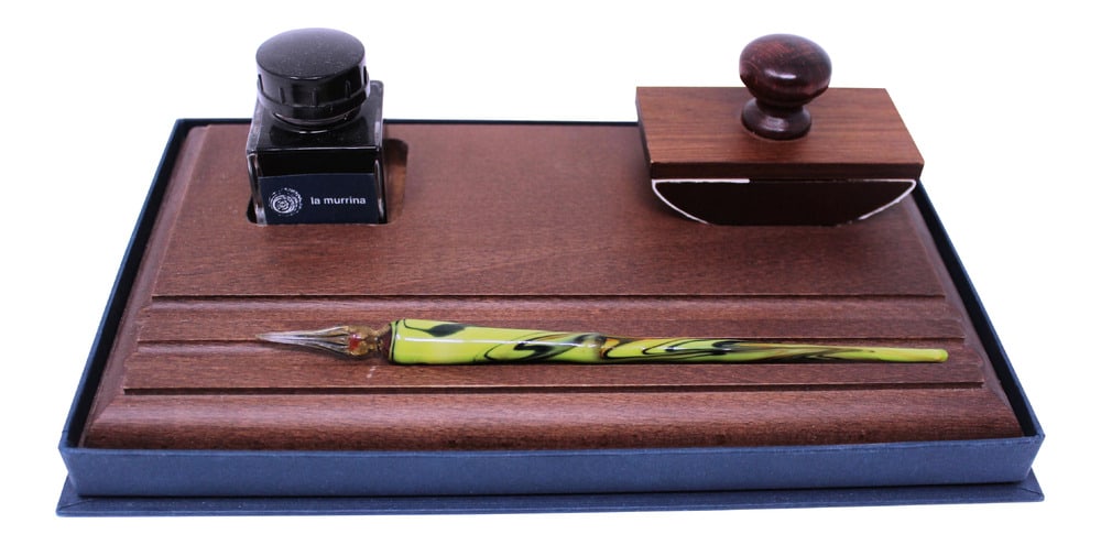 Murano Glass Pen Desk Set: This attractive desk set was made at the Furnaces of La Murrina in Murano, Italy. A wonderful accent piece to any den or office. Includes bottle of ink.