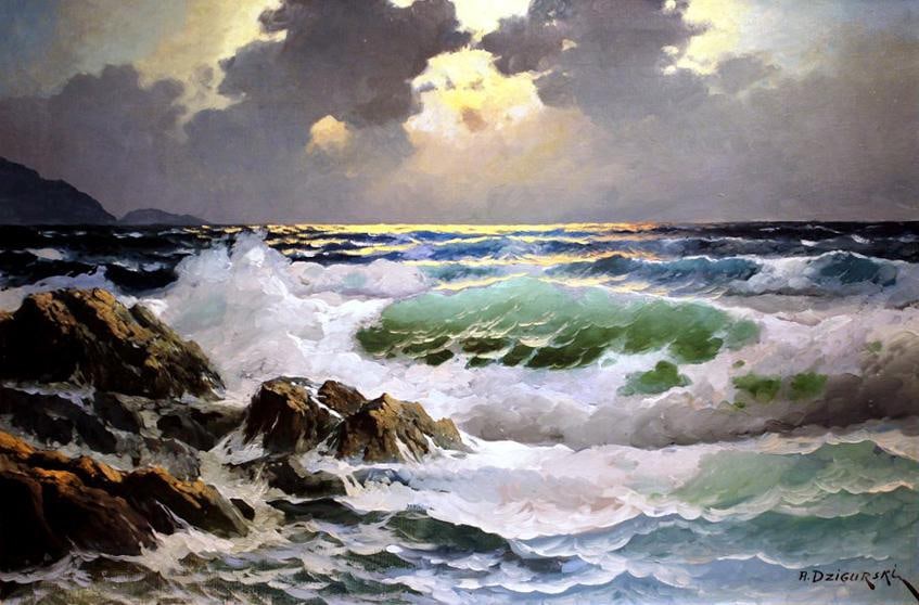 Seascape Painting by Noted Artist Alexander Dzigurski: Rolling TempestIncredible Seascape by the late Artist Alexander Dzigurski (1911-1995), who was noted for his magnificent seascapes. This is a beautiful original sure to increase in value. 24 x 36 inch