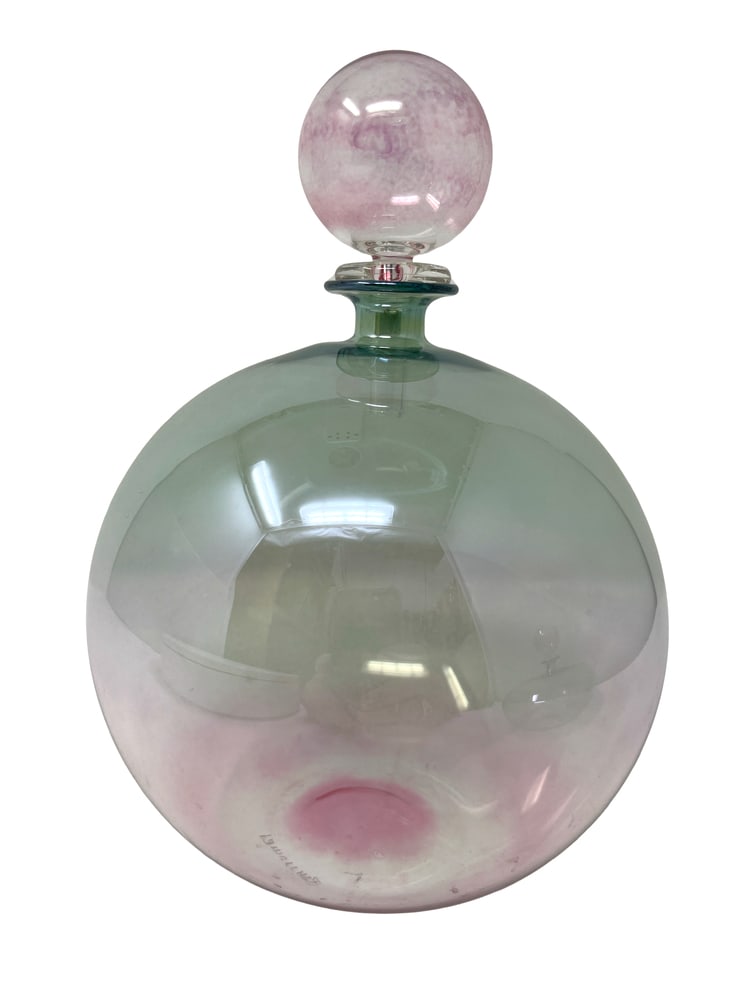 Lovely Pink Murano Vase with Stopper: Very lovely and delicate Murano Glass Vase with stopper. Created at the furnaces of La Murrina. Light as a feather and signed. A beautiful accent piece. A second matching piece, with slightly differen