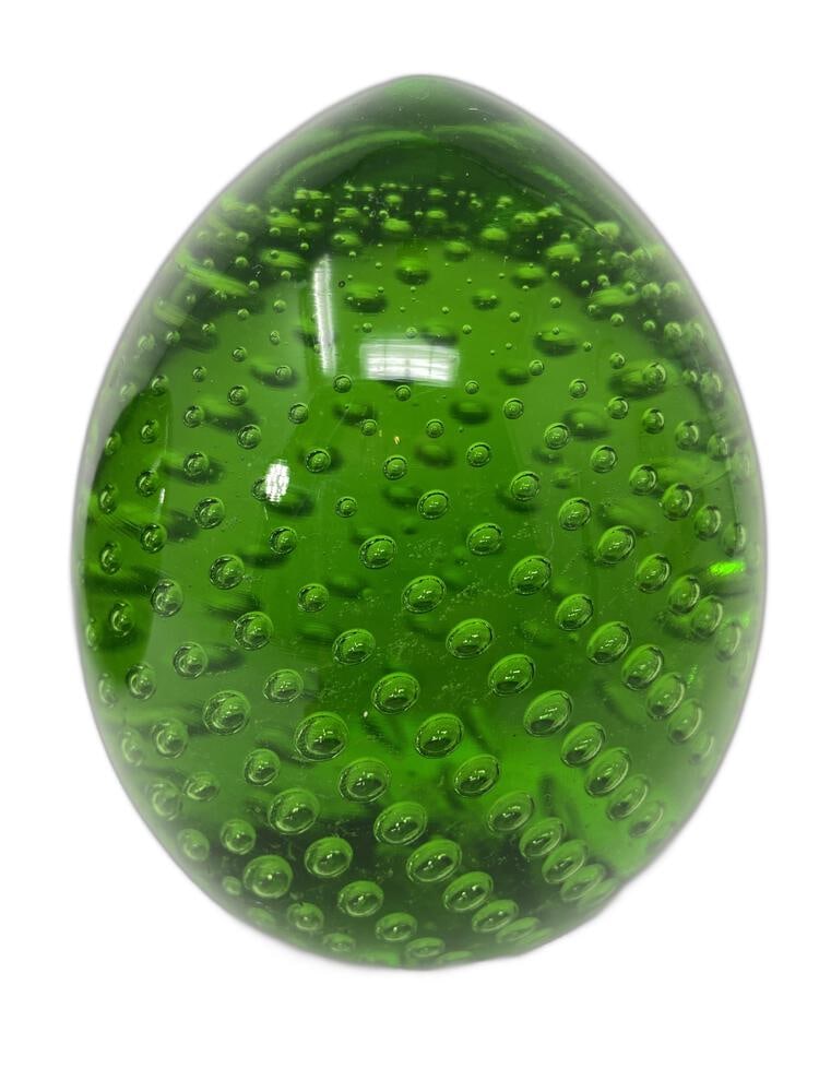 Murano Glass Paperweight: Attractive controlled-bubble paperweight from Murano. A beautiful shade of green! Measure 5" tall. One available!