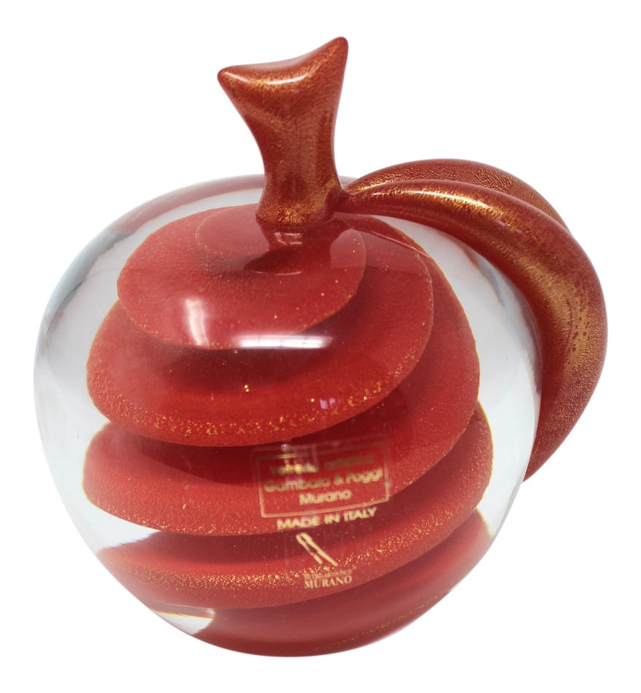 Contemporary Murano Spiral Apple Paperweight: Gambaro and Poggi are top Glass Masters in Murano for many years. This very large paperweight or decorative piece features an incredible display of spiraling red glass within clear transparent glass.