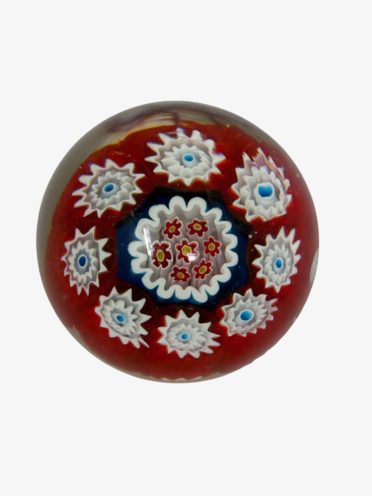 Murano Glass Paperweight: Very nice millefiore paperweight from Murano, Italy. Made by one of the top Glass Artists in Murano. Measures 2.75" across.