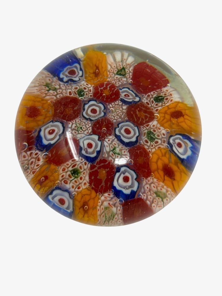 Murano Glass Paperweight: Very nice millefiore paperweight from Murano, Italy. Made by one of the top Glass Artists in Murano. Measures 2.75" across.