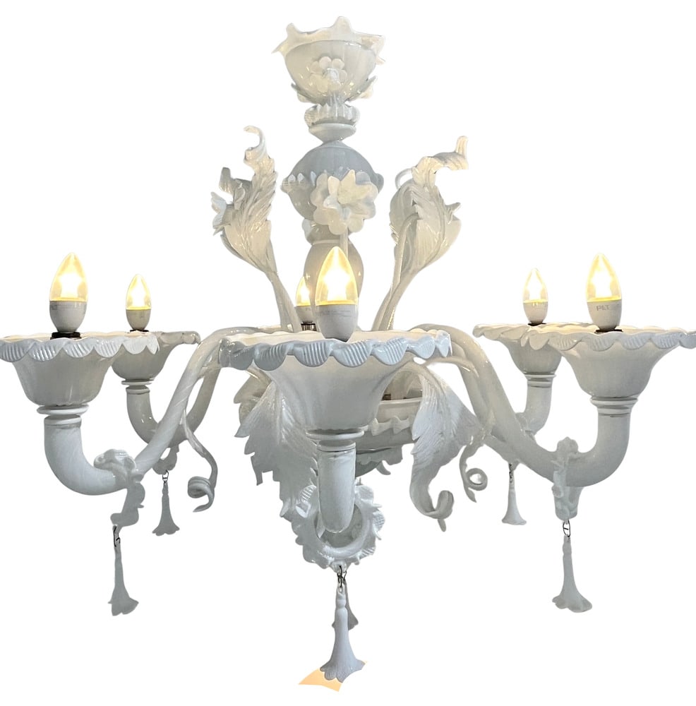 Venetian Murano Glass Chandelier by La Murrina in Milk White: La Murrina was well known for their Murano Glass creations and this beautiful 6-light chandelier was made in milk white glass. Very lovely flowers and stems make this a wonderful piece in any room. Me