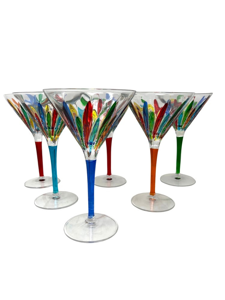 Venetian Martini Glasses, Set of 6: This lovely set of 6 Martini Glasses feature incredible colors and would be a wonderful addition to any home. Handcrafted in Italy of fine cut crystal and beautifully hand painted by Venetian