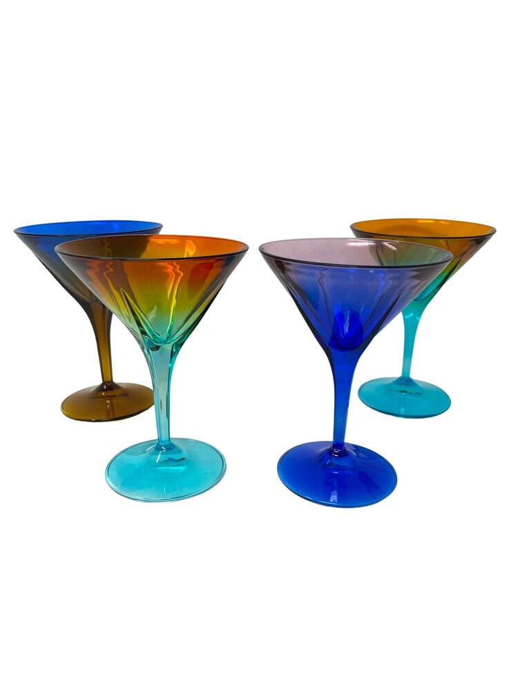 Venetian Martini Glasses, Set of 4: This lovely set of four martini glasses feature incredible colors and would be a wonderful addition to any home. Handcrafted in Italy of fine cut crystal and beautifully hand painted by Venetian