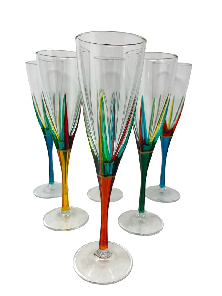 Venetian Hand Painted Champagne Flutes, Set of 6: This lovely set of 6 champagne flutes features incredible colors and would be a wonderful addition to any home. Handcrafted in Italy of fine cut crystal and beautifully hand painted by Venetian