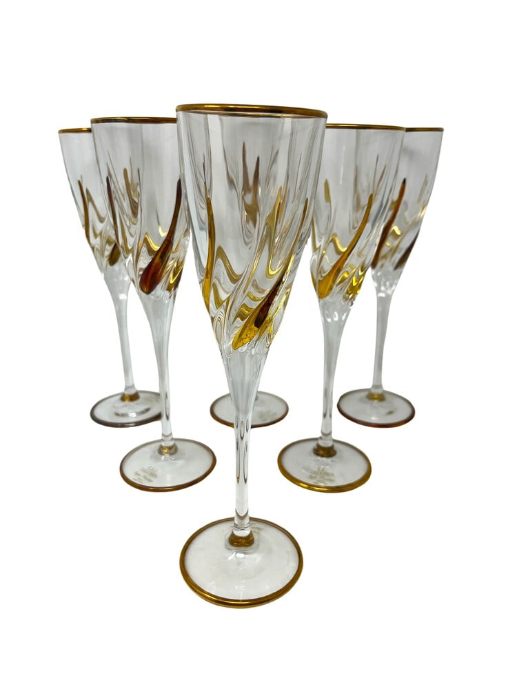 Venetian Hand Painted Flutes, Set of 6: This lovely set of flutes features incredible gold coloring and would be a wonderful addition to any home. Handcrafted in Italy of fine cut crystal and beautifully hand painted by Venetian artisans.