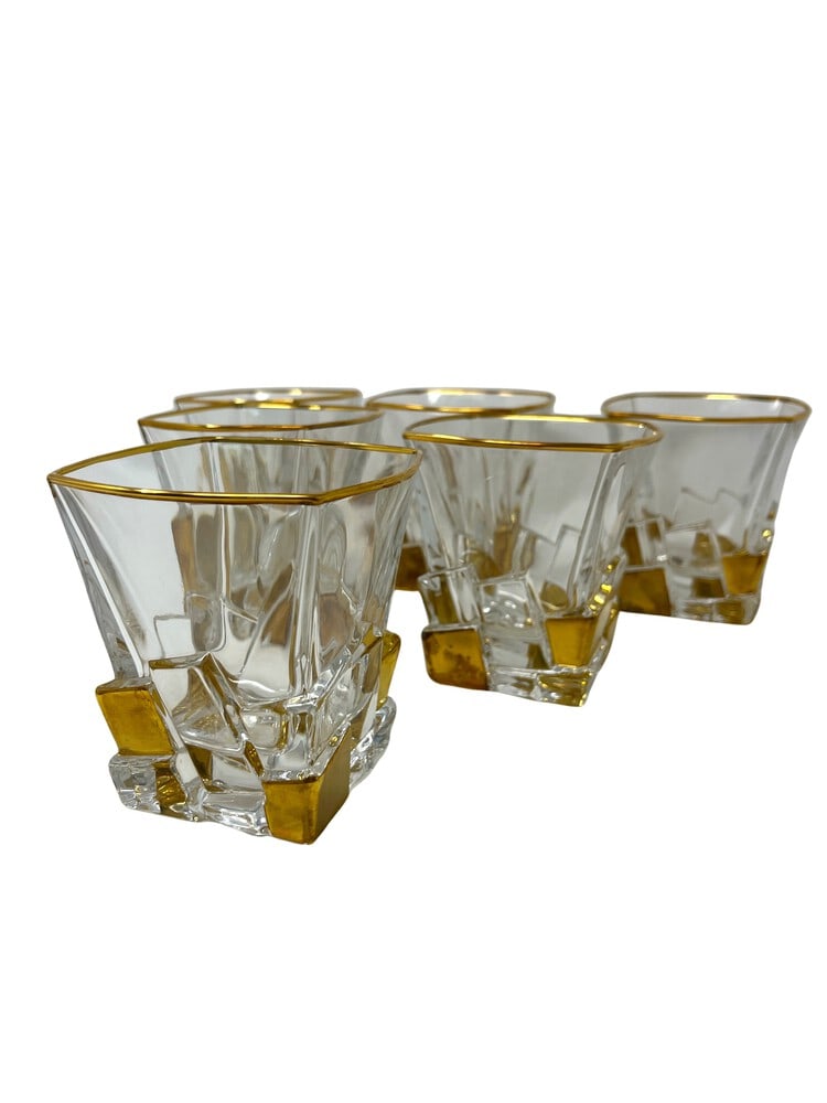 Venetian Hand Painted Whiskey Glasses, Set of 6: This lovely set of whiskey glasses features incredible gold coloring and would be a wonderful addition to any home. Handcrafted in Italy of fine cut crystal and beautifully hand painted by Venetian