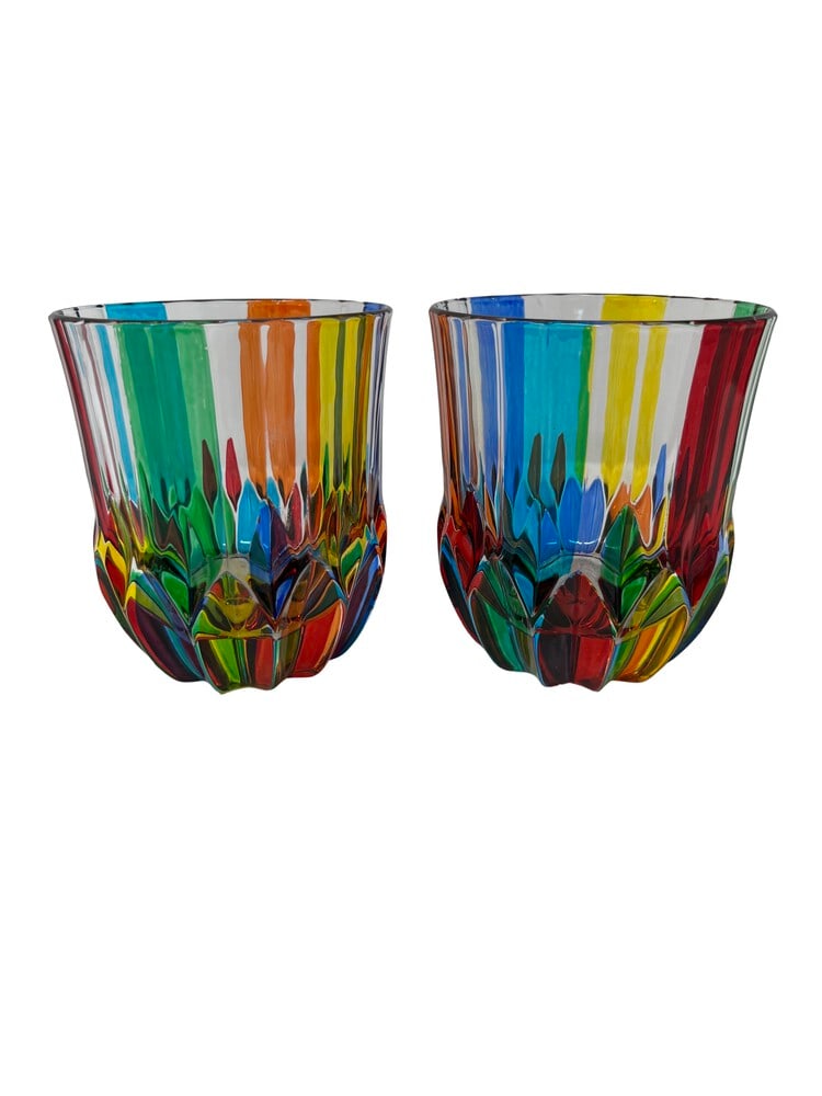 Hand Painted Venetian Whiskey Glasses, Set of 2: This lovely set of 2 whiskey glasses features incredible coloring and would be a wonderful addition to any home. Handcrafted in Italy of fine cut crystal and beautifully hand painted by Venetian artis