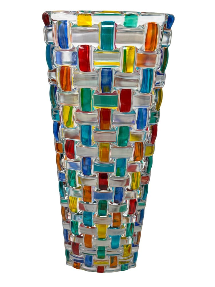 Hand Painted Venetian Centerpiece Vase: This lovely centerpiece vase features incredible colors and would be a wonderful addition to any home. Handcrafted in Italy of fine cut crystal and beautifully hand painted by Venetian artisans in a r